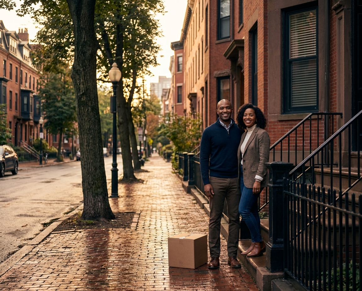 First-time homebuyers outside a Boston rowhouse